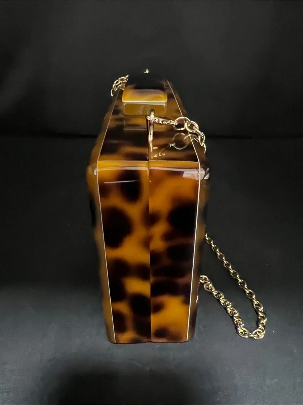 Tortoiseshell Box Clutch with Gold Chain Strap